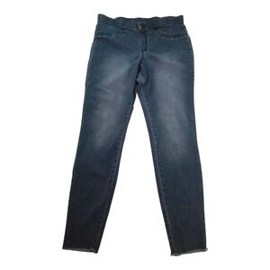 HUE Studio Womens L High Rise Pull On Skinny Jegging Medium Wash Raw Hem Stretch